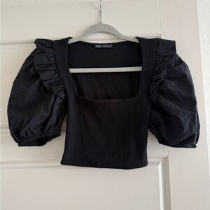 Zara Black Puff Sleeve Crop Top Size Small